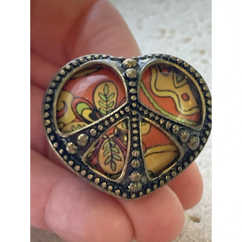 Heart Statement Ring Antiqued Gold Tone‎ Orange Paisley Resin Adjustable Boho